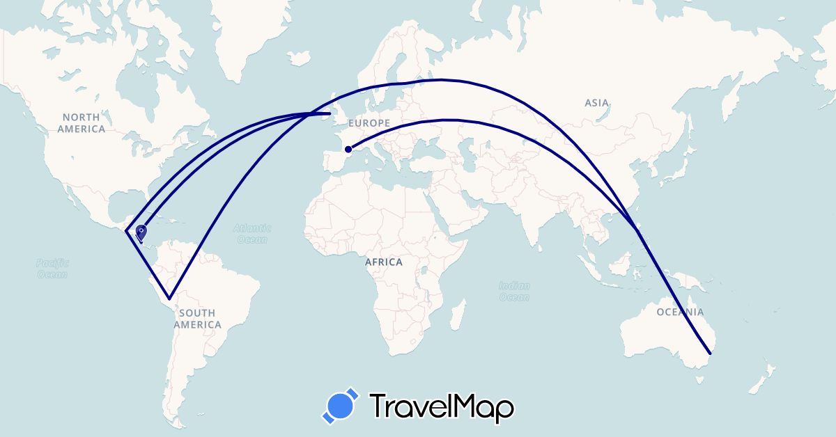 TravelMap itinerary: driving in Australia, Costa Rica, Finland, France, Guatemala, Ireland, Nicaragua, Peru, Philippines (Asia, Europe, North America, Oceania, South America)